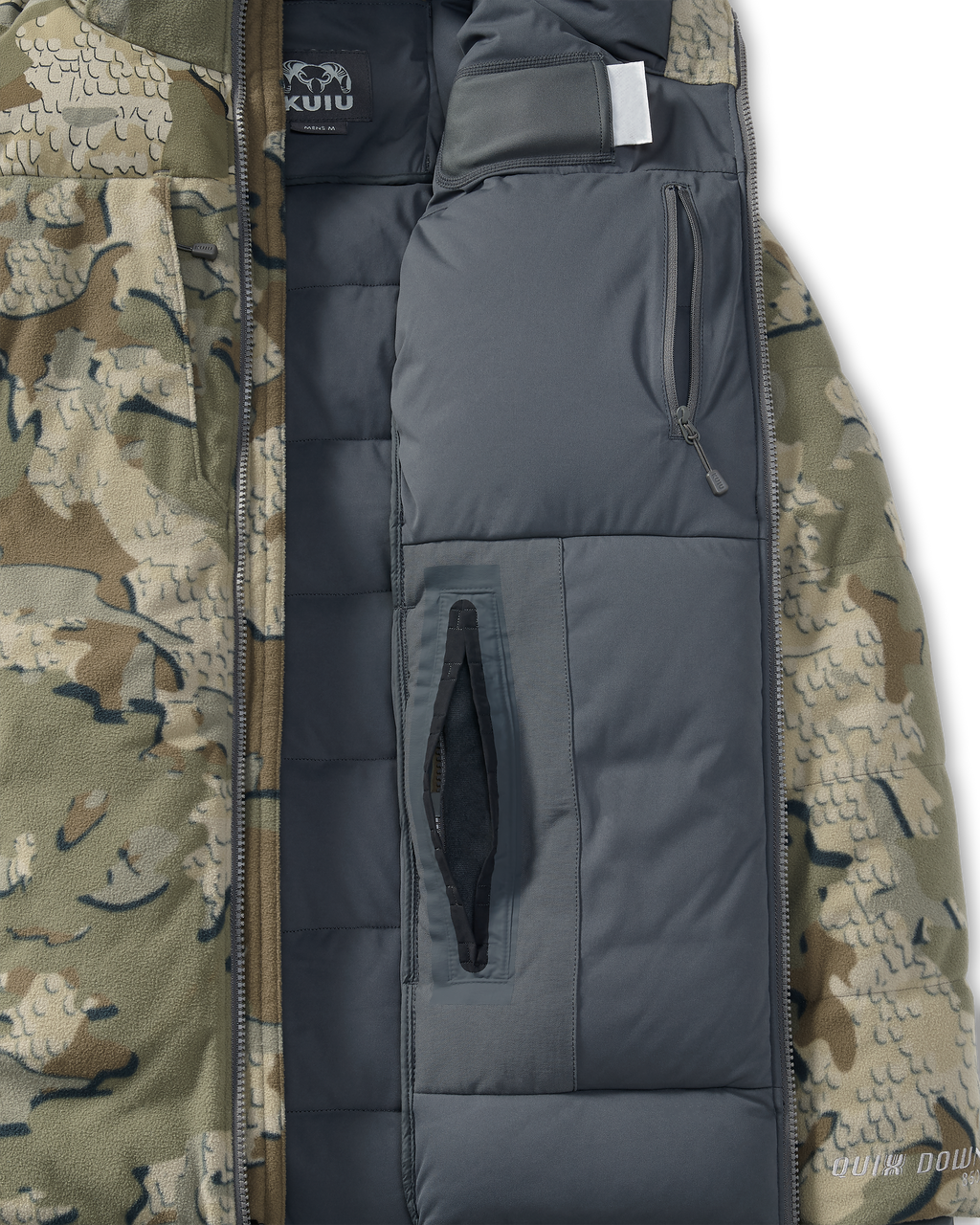 Zippered interior accessory pocket and pass-through hand pocket on the KUIU Super Down Haven Jacket in Valo Camouflage