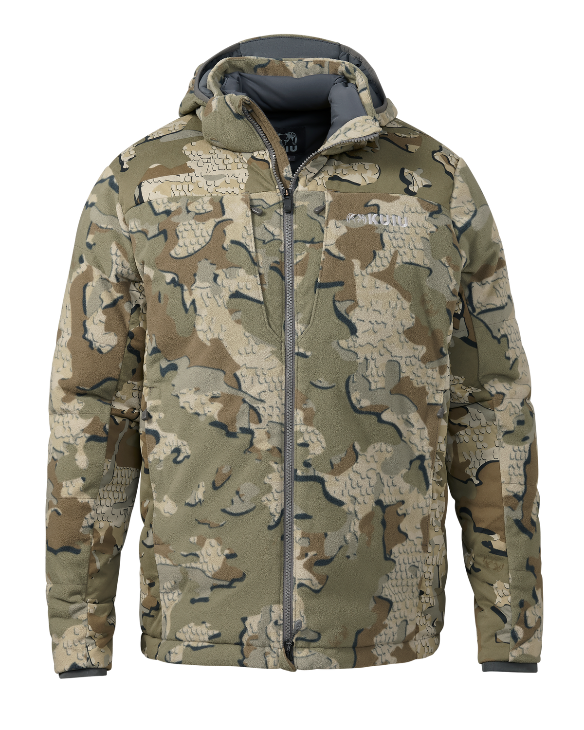 Front of Super Down Haven Hooded Jacket in Valo Camouflage