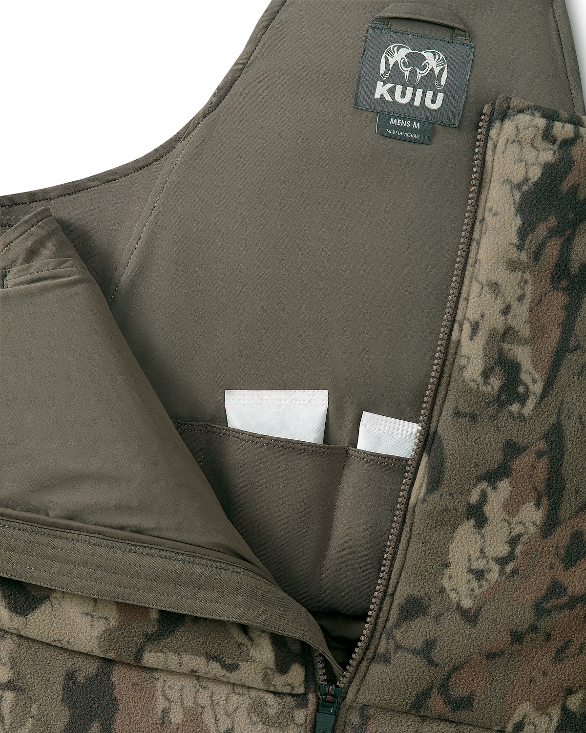 Interior back side heat pack pocket on the Super Down Haven Bib in Veros Camouflage