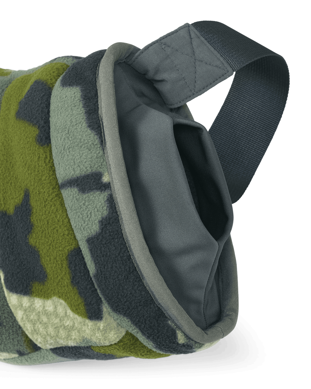 Front Side View of Proximity Hand Muff in Verde Camouflage Highlighting Magnetic Wrist Closures