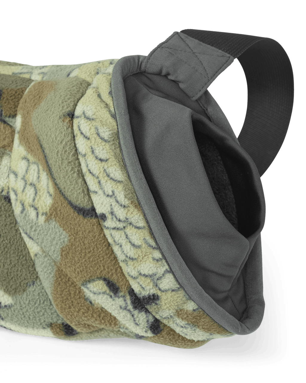 Front Side View of Proximity Hand Muff in Valo Camouflage Highlighting Magnetic Wrist Closures