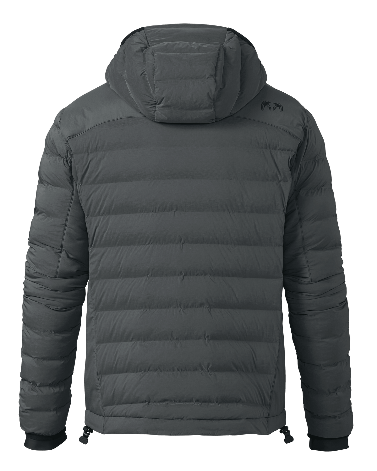 Back of Flyway Insulated Hooded Jacket in Gunmetal Grey