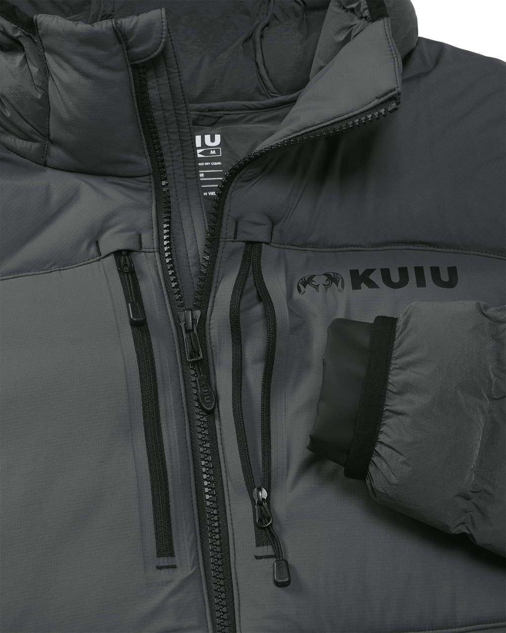 Front of Flyway Insulated Hooded Jacket in Gunmetal Grey Highlighting YKK Zippers and Water Resistant Cuffs
