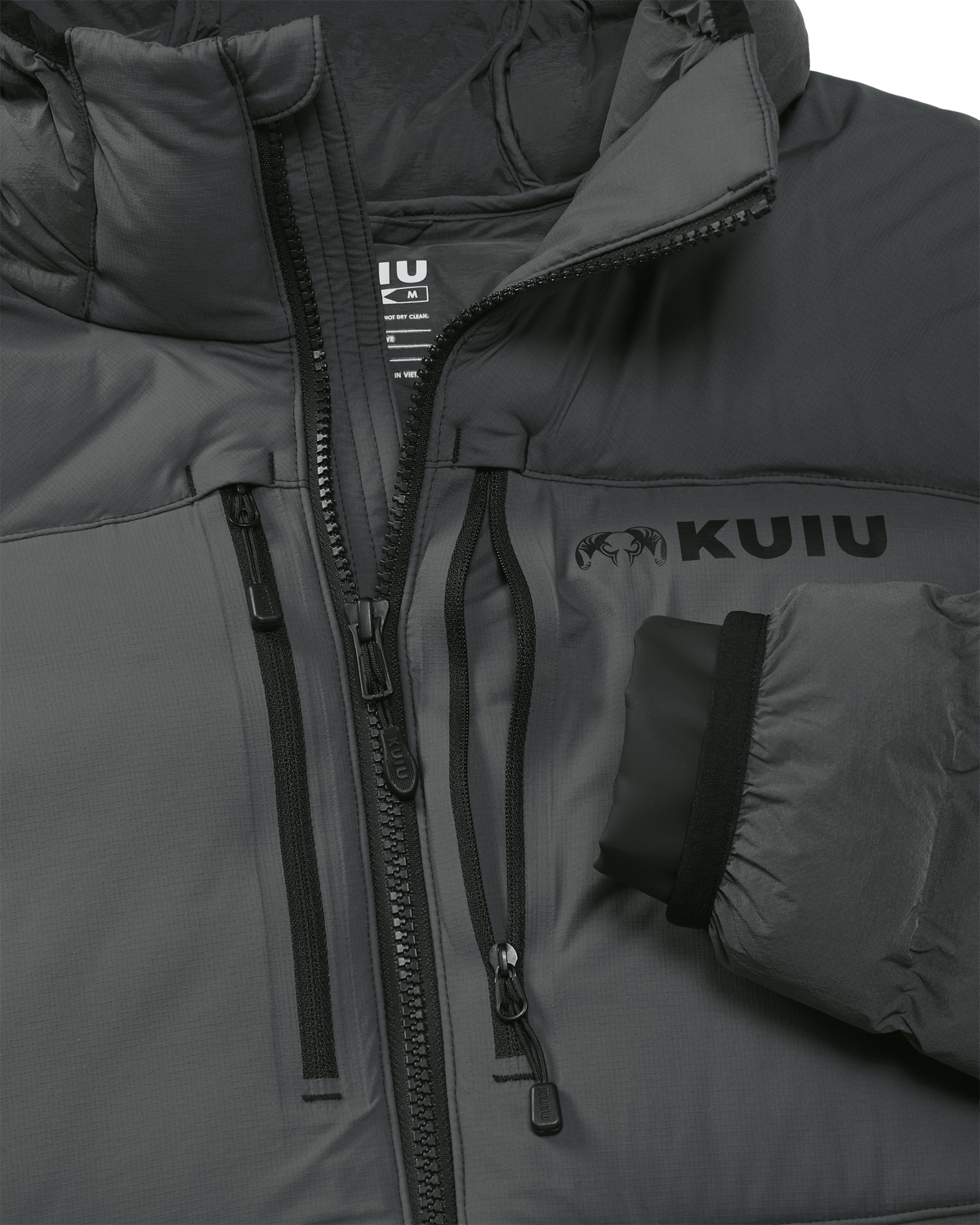 Front of Flyway Insulated Hooded Jacket in Gunmetal Grey Highlighting YKK Zippers and Water Resistant Cuffs