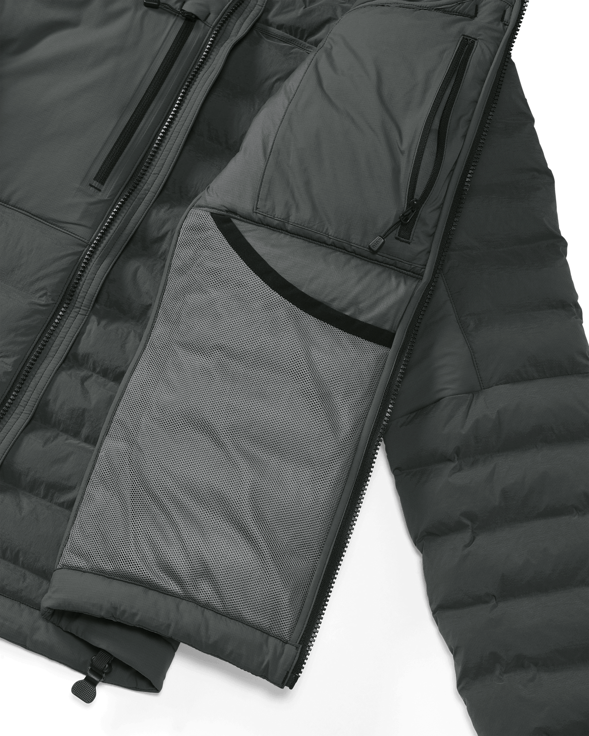 Front Inside View of Flyway Insulated Hooded Jacket in Gunmetal Grey Highlighting Internal Zippered Chest Pocket and Mesh Drop Pocket