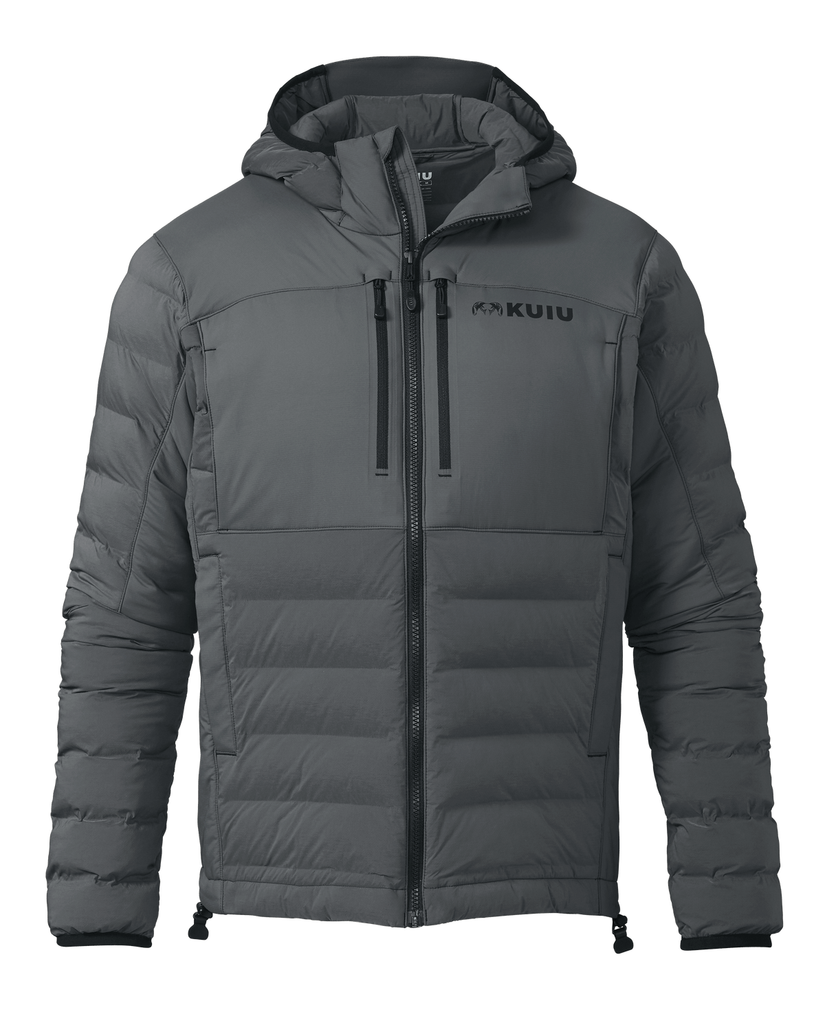 Front of Flyway Insulated Hooded Jacket in Gunmetal Grey