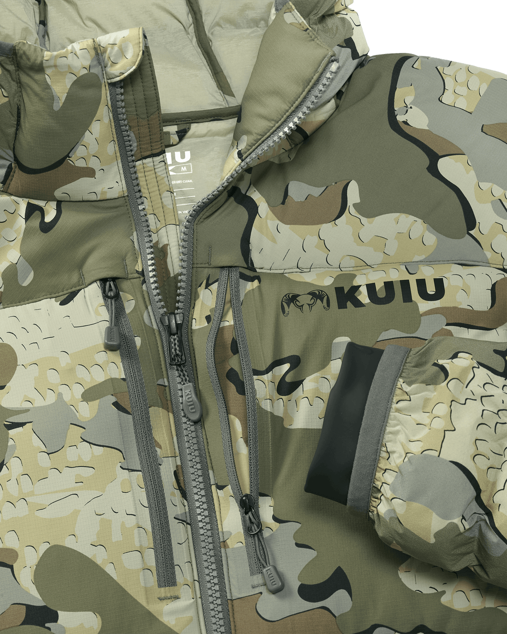 Front of Flyway Insulated Hooded Jacket in Valo Camouflage Highlighting YKK Zippers and Water Resistant Cuffs