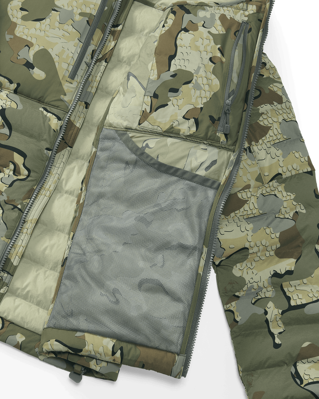 Front Inside View of Flyway Insulated Hooded Jacket in Ash Brown Highlighting Internal Zippered Chest Pocket and Mesh Drop Pocket