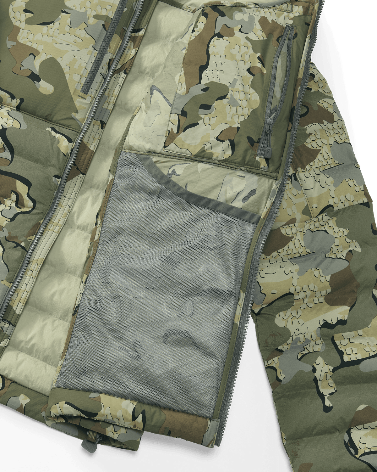 Front Inside View of Flyway Insulated Hooded Jacket in Ash Brown Highlighting Internal Zippered Chest Pocket and Mesh Drop Pocket