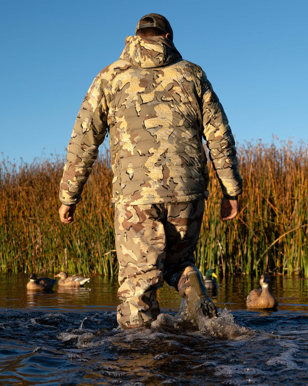 Back of Hunter Wearing Flyway Insulated Hooded Jacket in Valo Camouflage walking towards Tules with Decoys in the Water