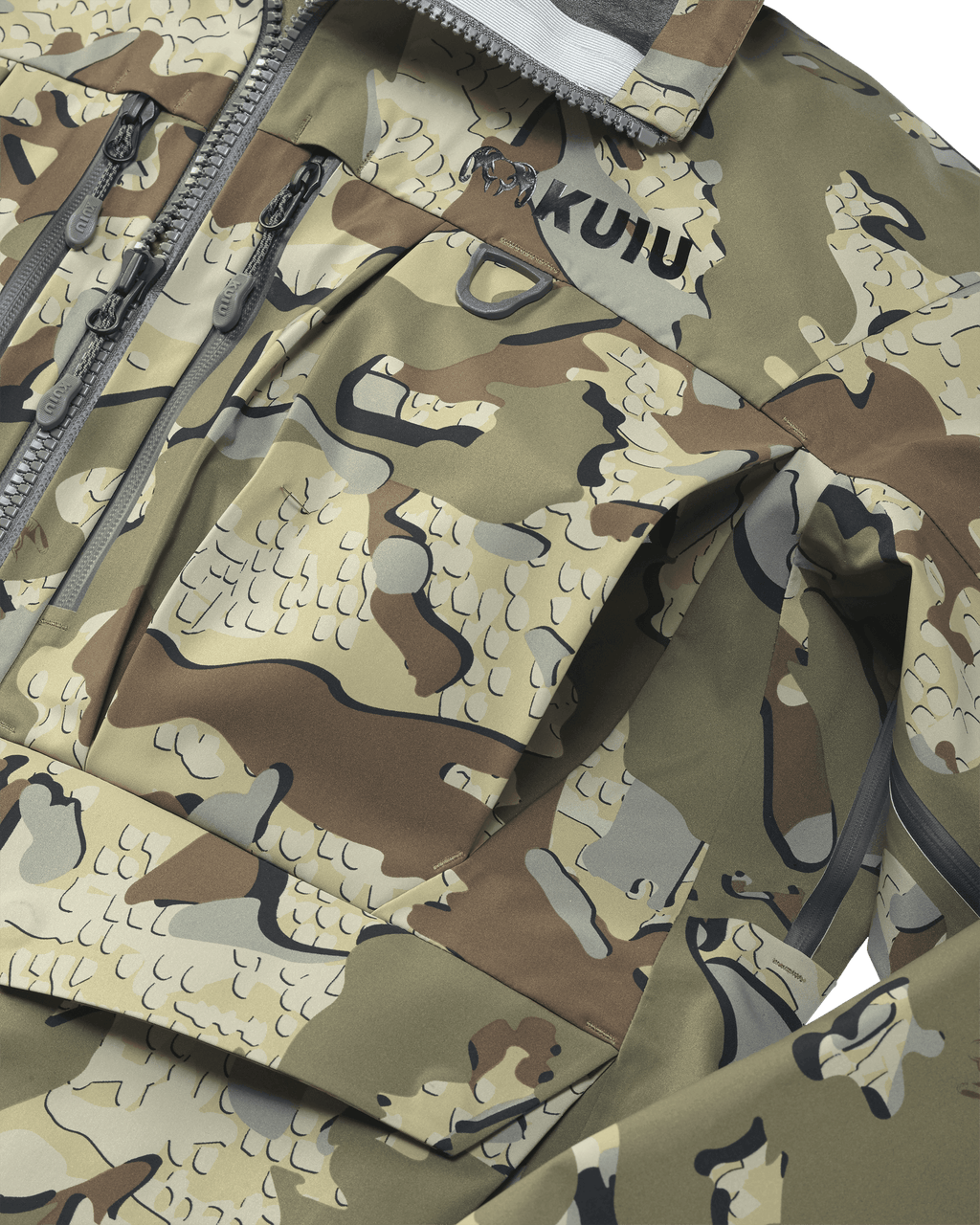 Front of HD Flex Storm Shell Jacket in Valo Camouflage Highlighting Upper Hand Pockets, YKK Zippered Pockets and D Ring Accessory Attachment Points
