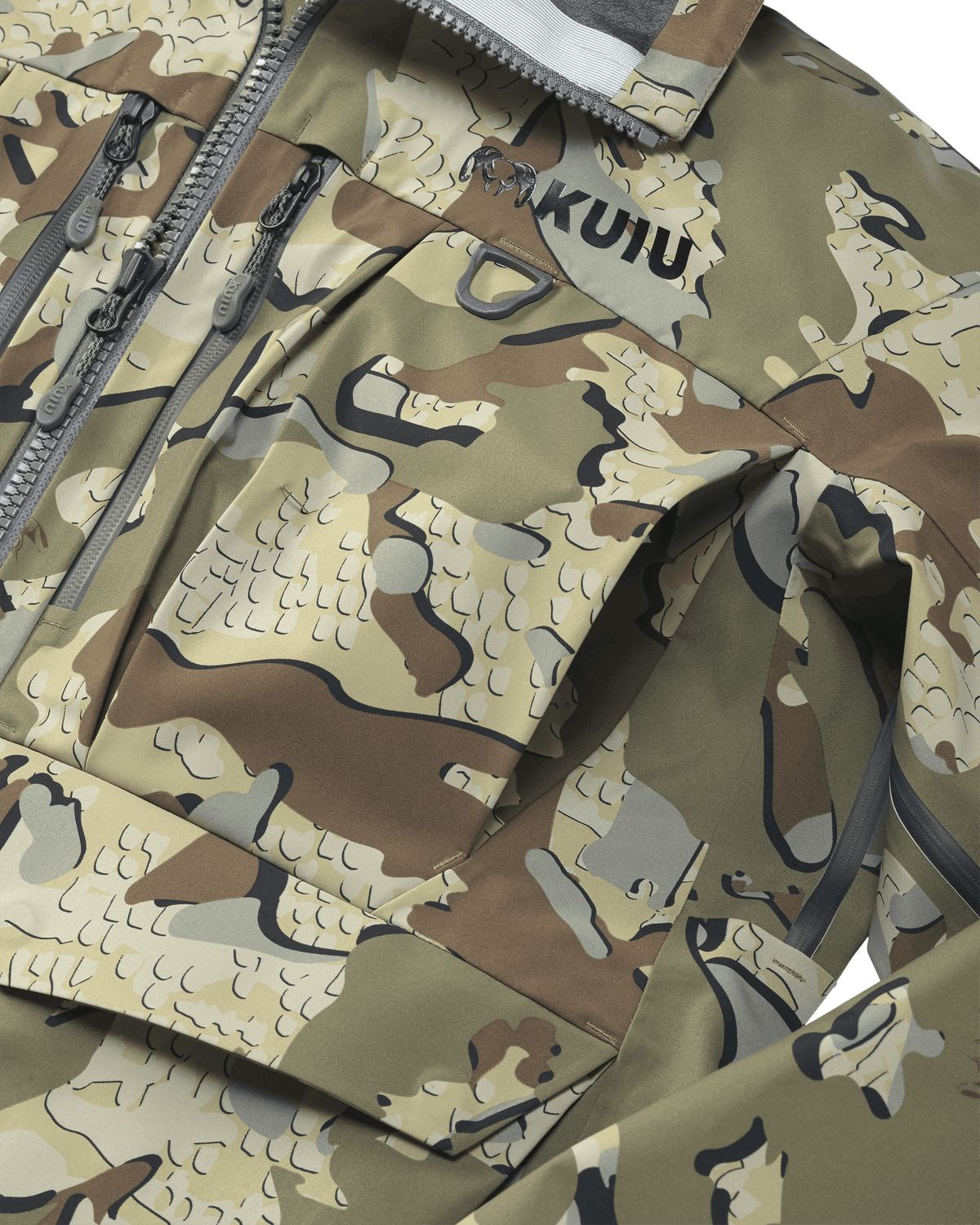 Front of HD Flex Storm Shell Jacket in Valo Camouflage Highlighting Upper Hand Pockets, YKK Zippered Pockets and D Ring Accessory Attachment Points