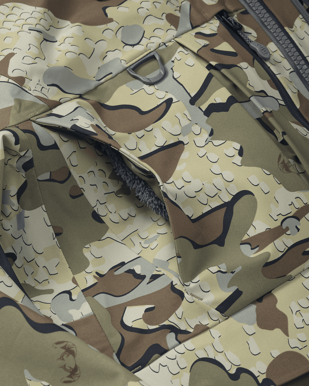 Front of HD Flex Storm Shell Jacket in Valo Camouflage Highlighting Upper Hand Pockets with Sherpa Fleece Lining