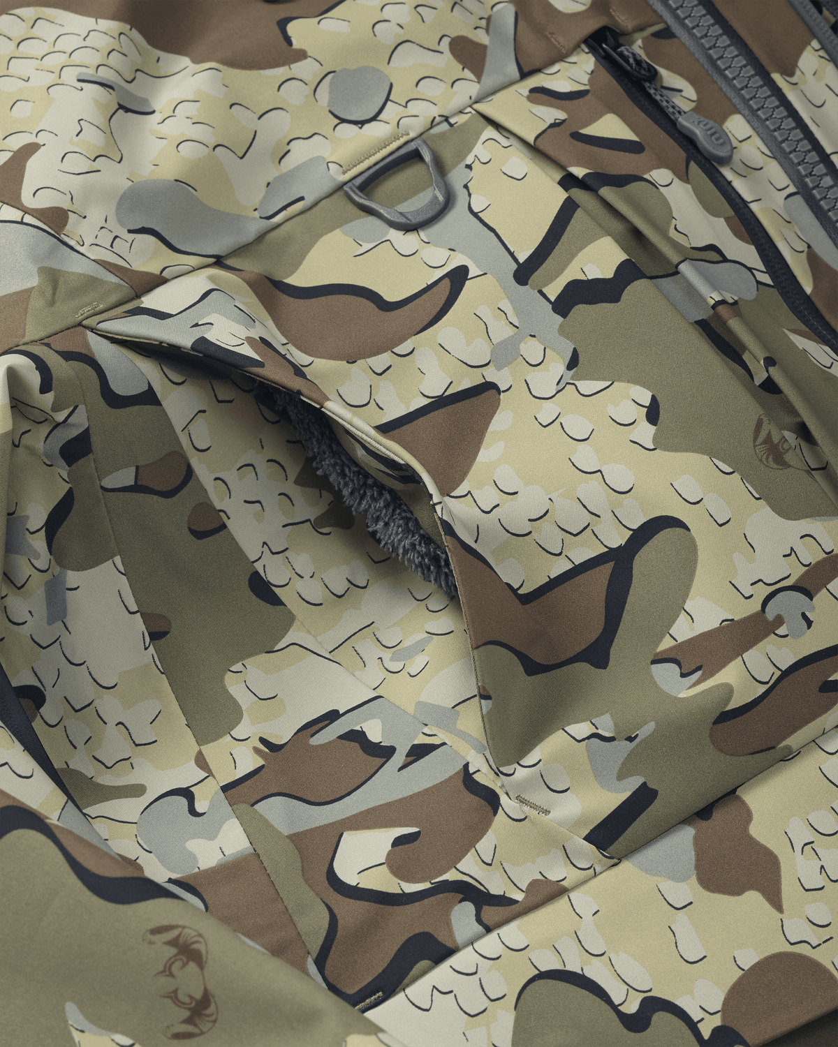 Front of HD Flex Storm Shell Jacket in Valo Camouflage Highlighting Upper Hand Pockets with Sherpa Fleece Lining