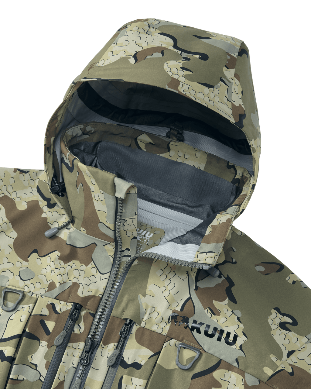 Front of HD Flex Storm Shell Jacket in Valo Camouflage Highlighting 2 way Adjustable Drop Away Style Hood and Tricot Paneling on Neck and Chin