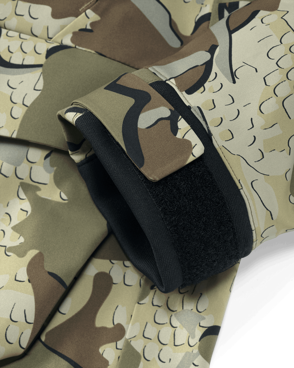 Front of HD Flex Storm Shell Jacket in Valo Camouflage Highlighting Watertight Neoprene Cuffs with Hook and Loop Closure