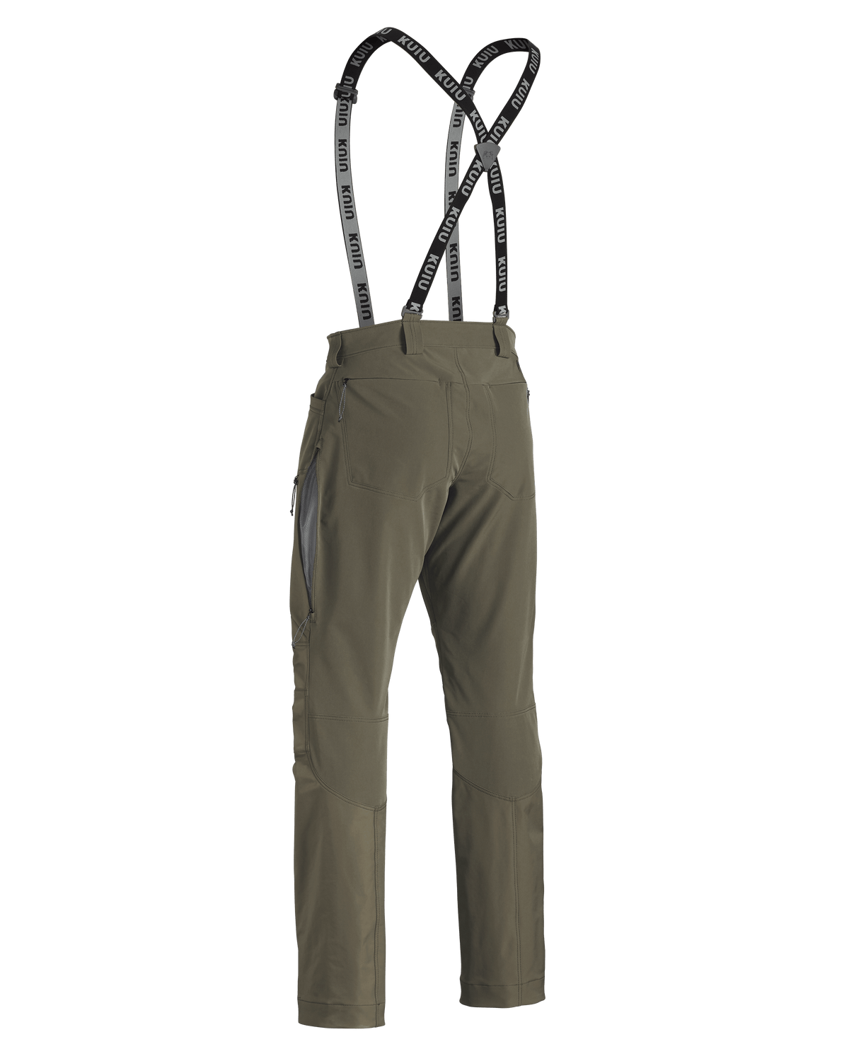 Back of PRO Brush Pant in Ash Brown with suspenders and open hip vent