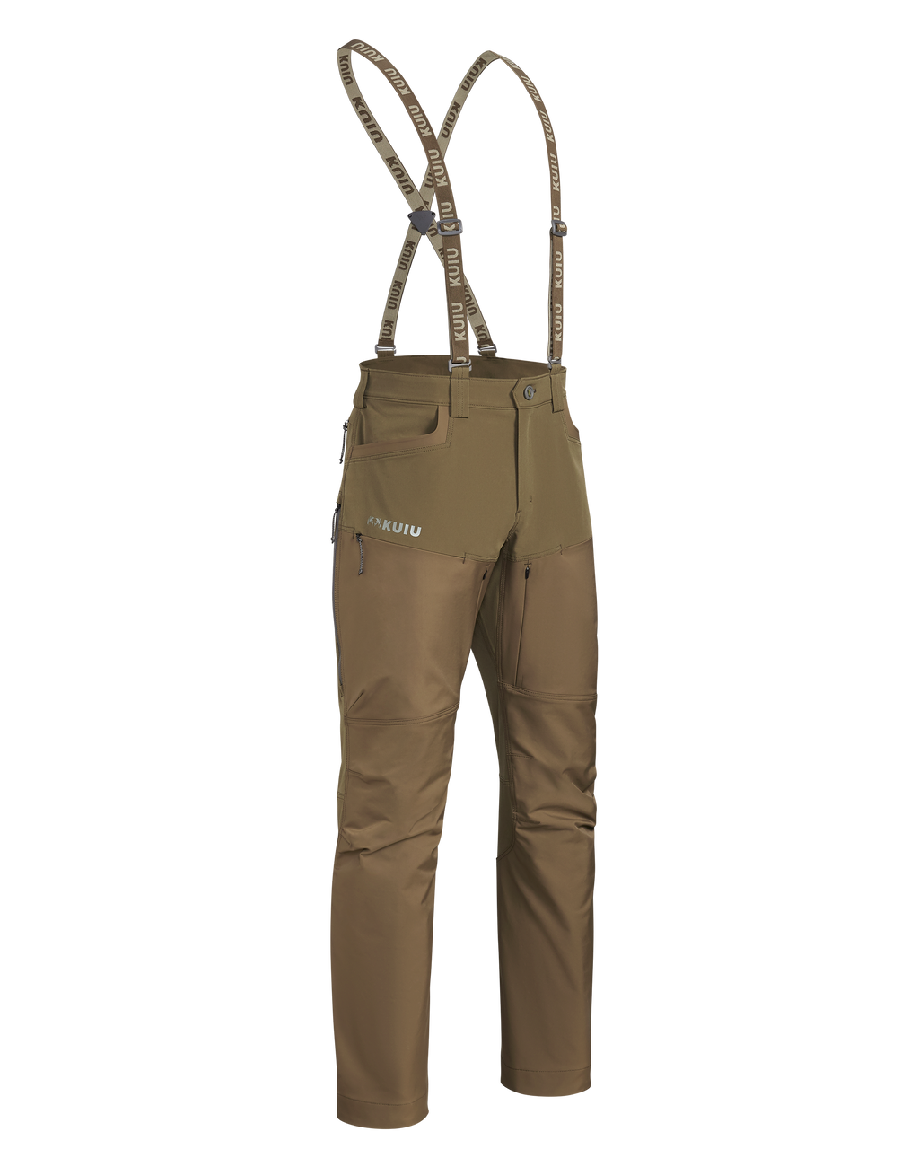 Front of PRO Brush Pant in Bourbon Brown shown with suspenders