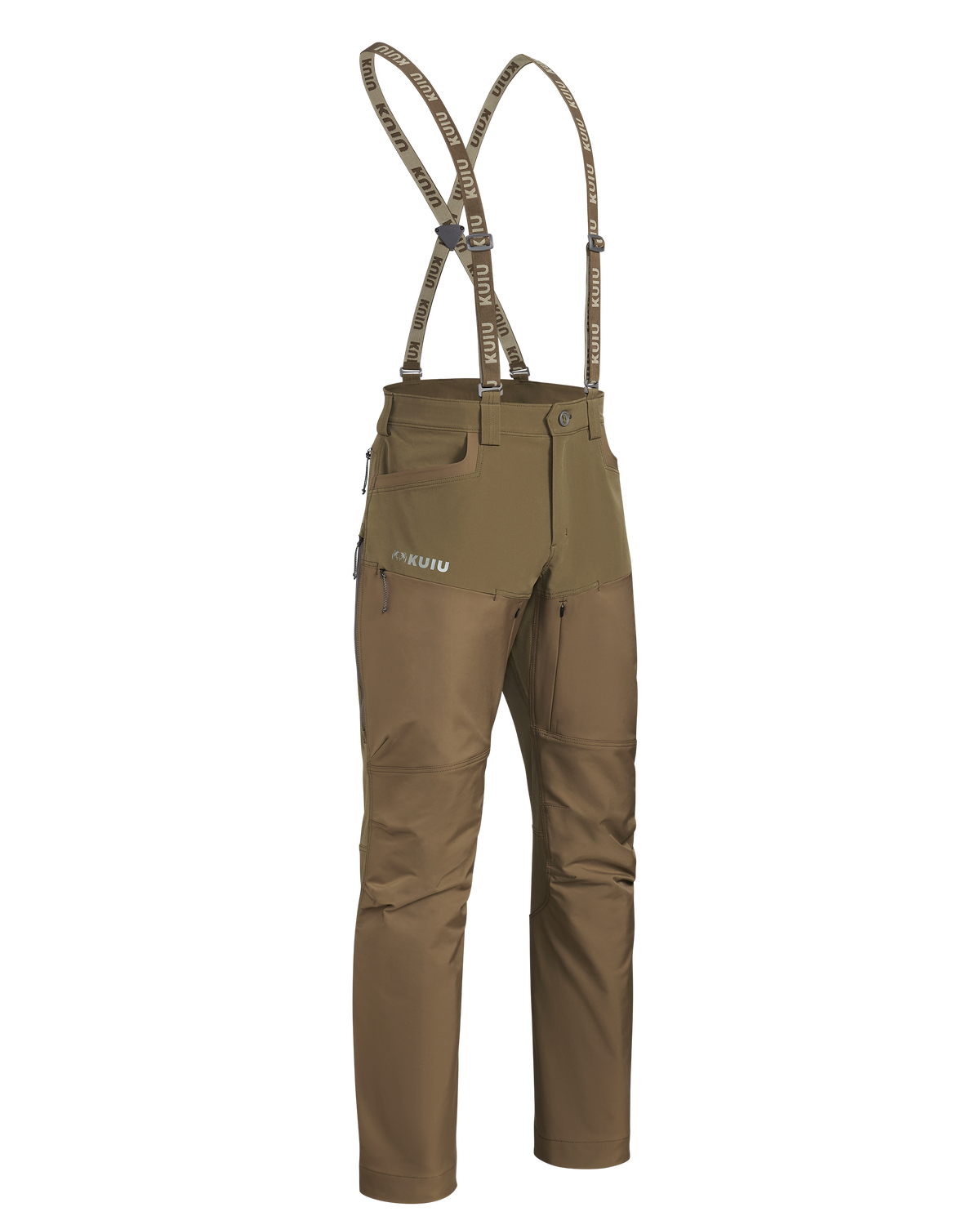 Front of PRO Brush Pant in Bourbon Brown shown with suspenders