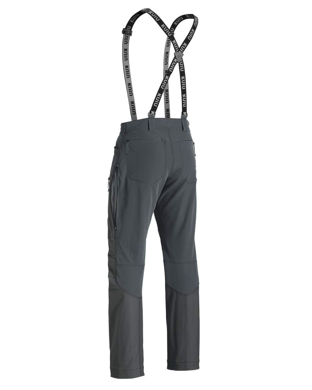 Back of PRO Brush Pant in Gunmetal Grey with suspenders and open hip vent