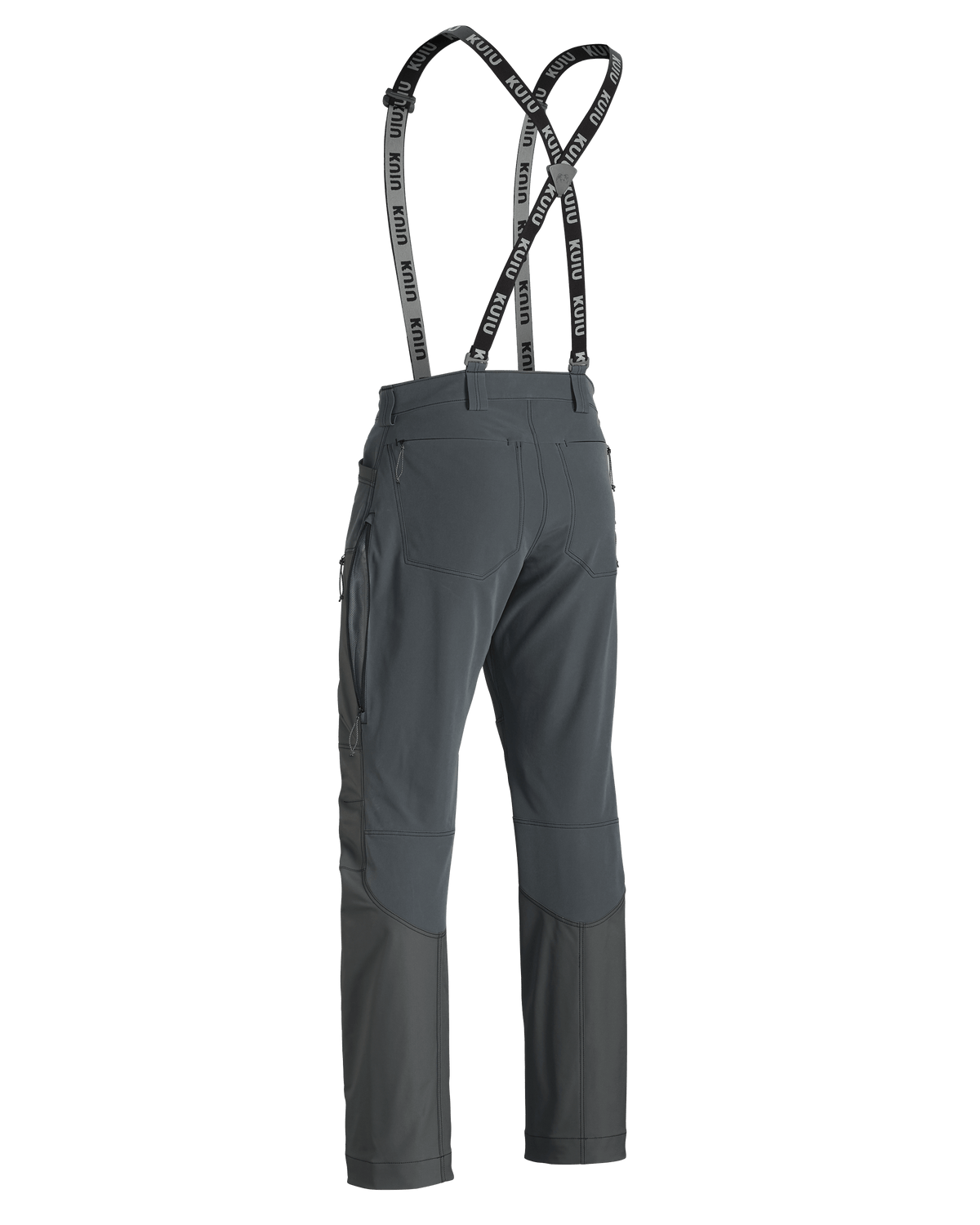 Back of PRO Brush Pant in Gunmetal Grey with suspenders and open hip vent
