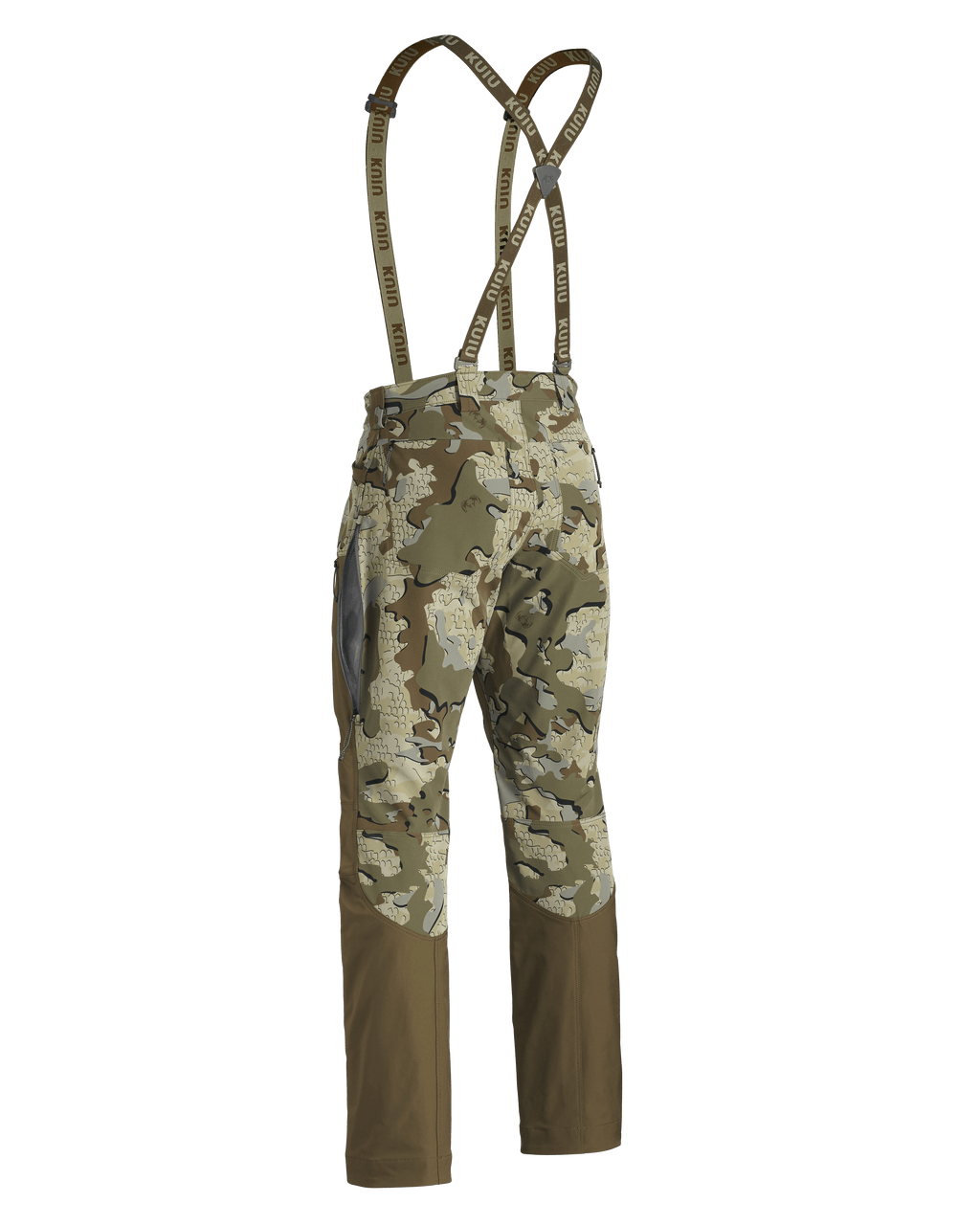 Back of PRO Brush Pant in Valo Camouflage with suspenders and open hip vent