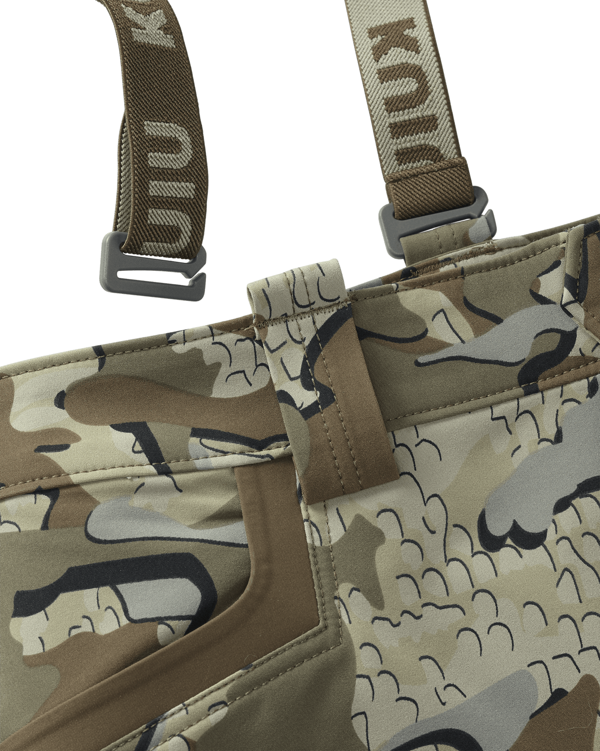 Front of Pro Brush Pants in Valo Camouflage Highlighting Suspender Attachment Location and Open Hand Pocket with Reinforced Edge