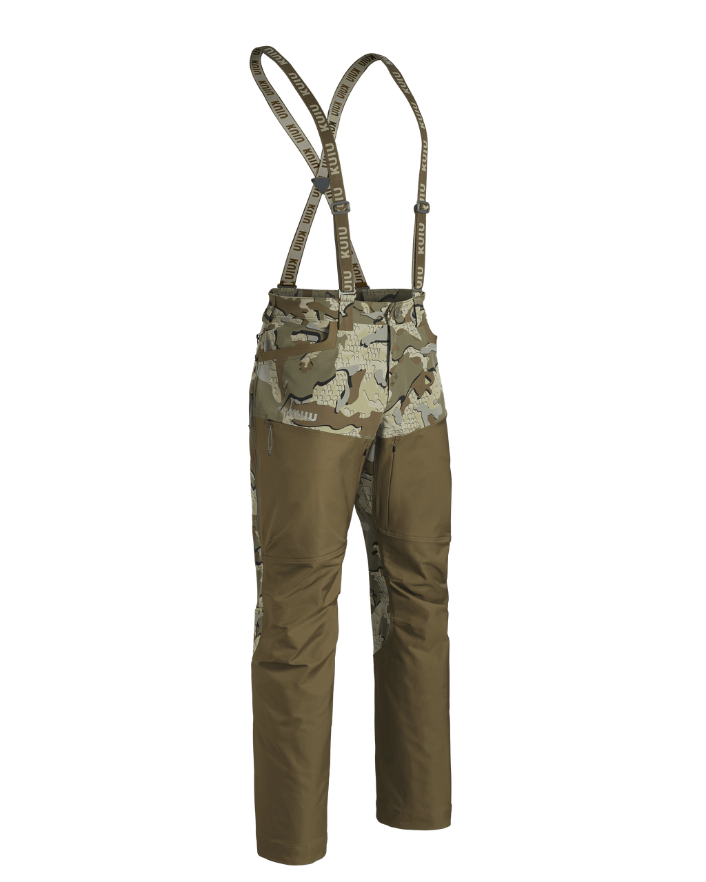 Front of PRO Brush Pant in Valo Camouflage with Suspenders