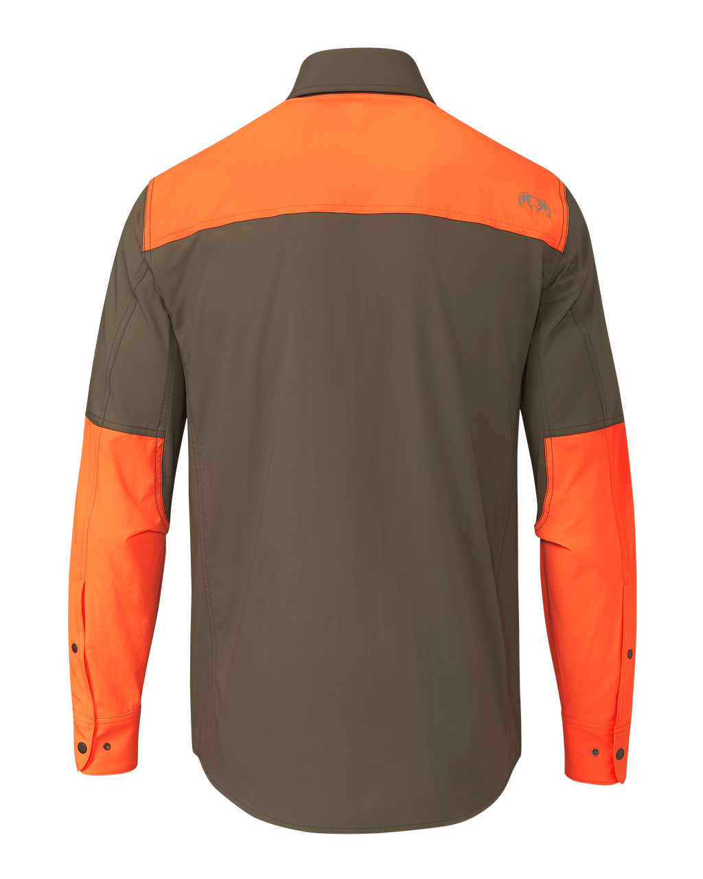 Back of KUIU Upland Sport Shirt in Major Brown/Blaze Orange