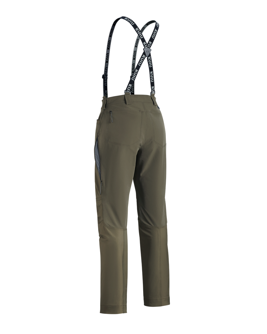 Back of Women's PRO Brush Pant in Ash Brown with suspenders and open hip vent