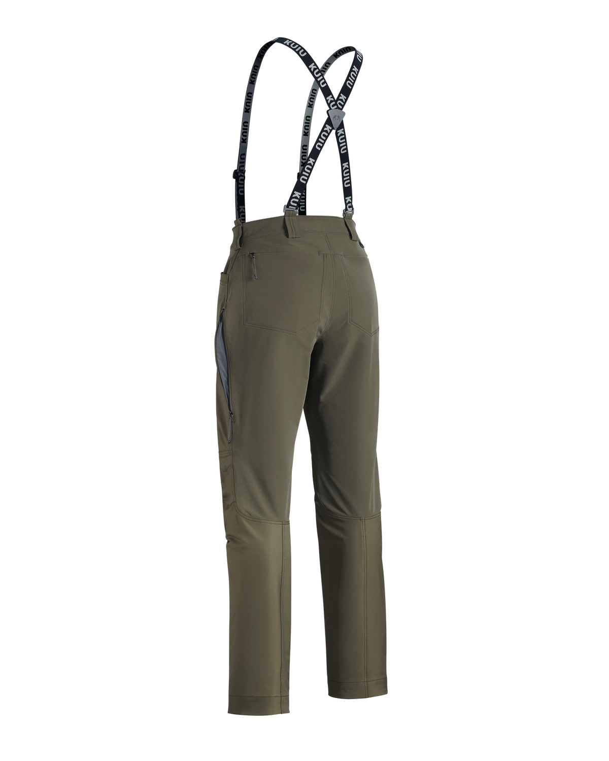 Back of Women's PRO Brush Pant in Ash Brown with suspenders and open hip vent