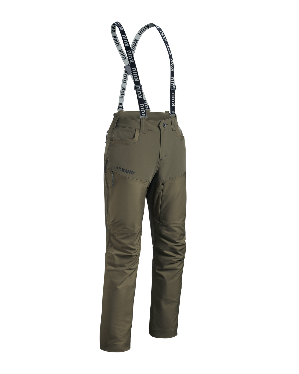 Front of Women's PRO Brush Pant in Ash Brown shown with suspenders