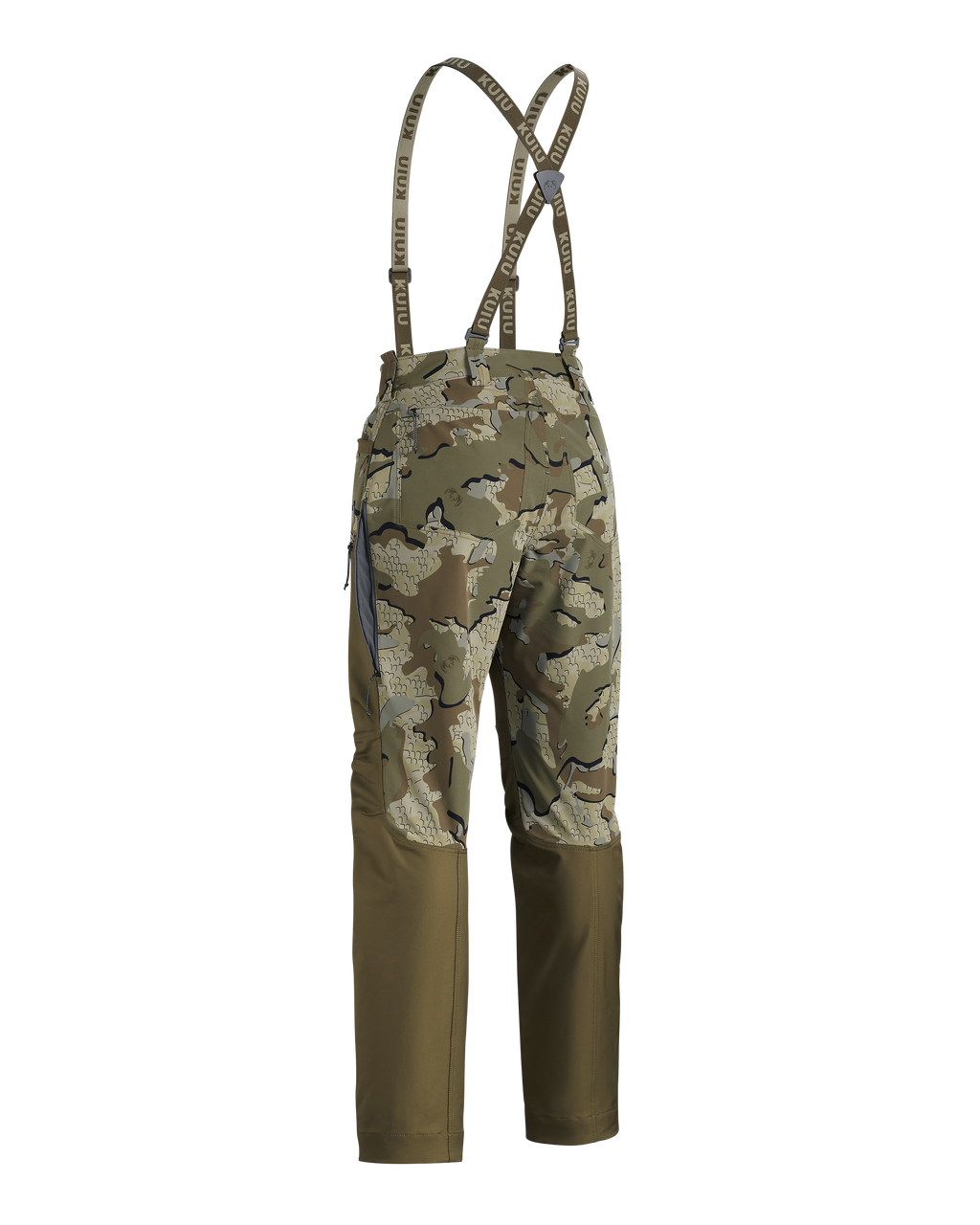 Back of Women's PRO Brush Pant in Valo Camouflage with suspenders and open hip vent