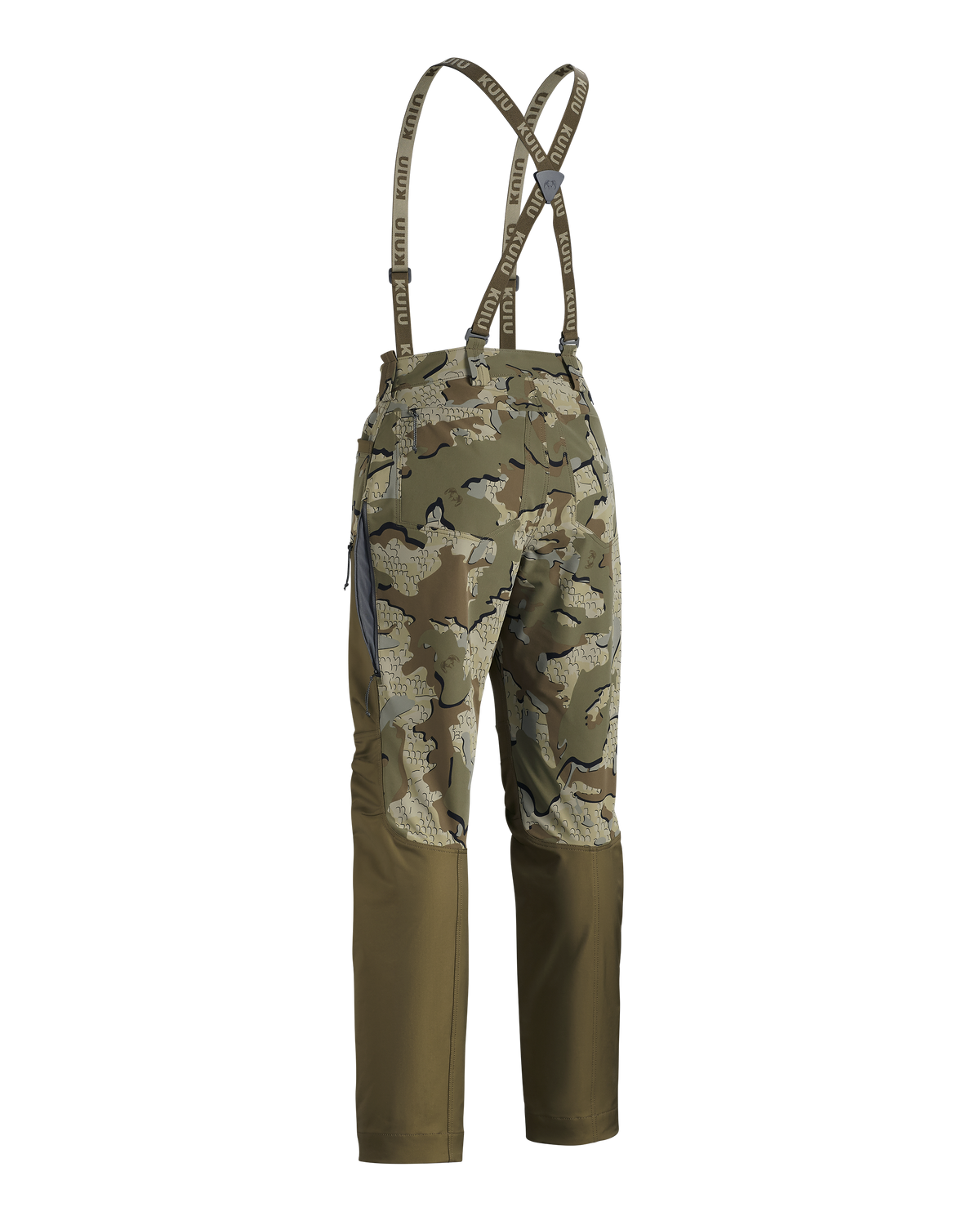 Back of Women's PRO Brush Pant in Valo Camouflage with suspenders and open hip vent