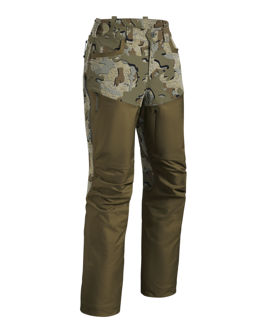 Front of Women's PRO Brush Pant in Valo Camouflage shown without suspenders