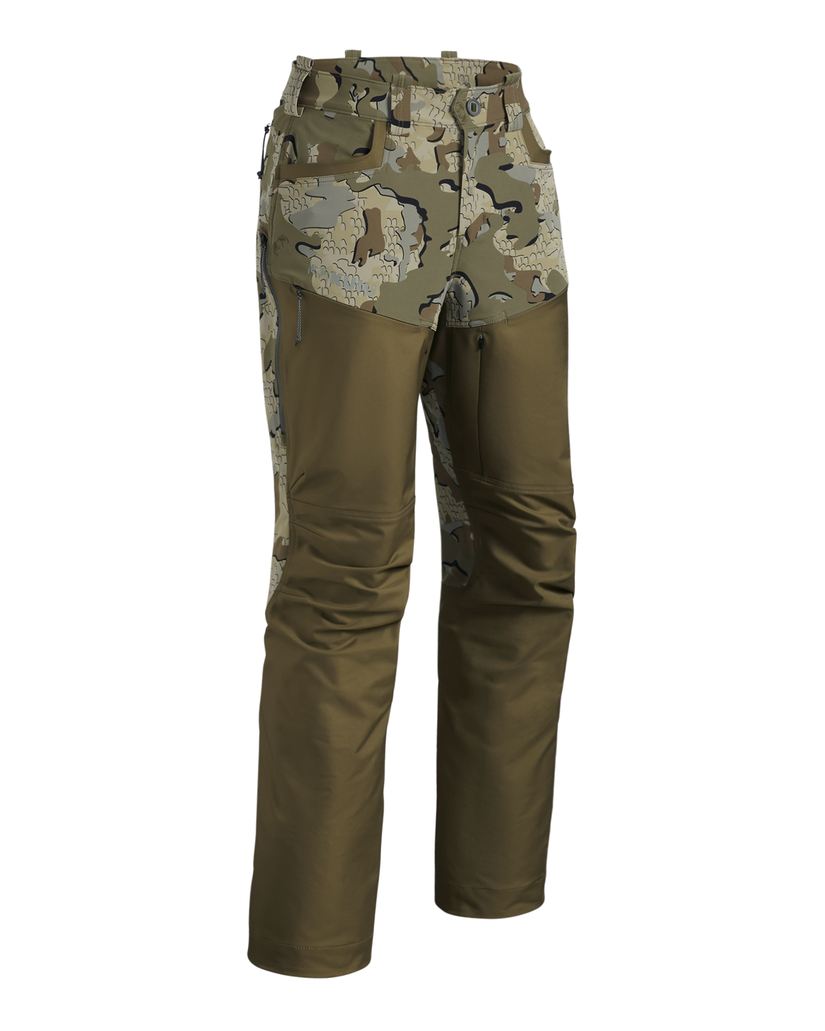 Front of Women's PRO Brush Pant in Valo Camouflage shown without suspenders
