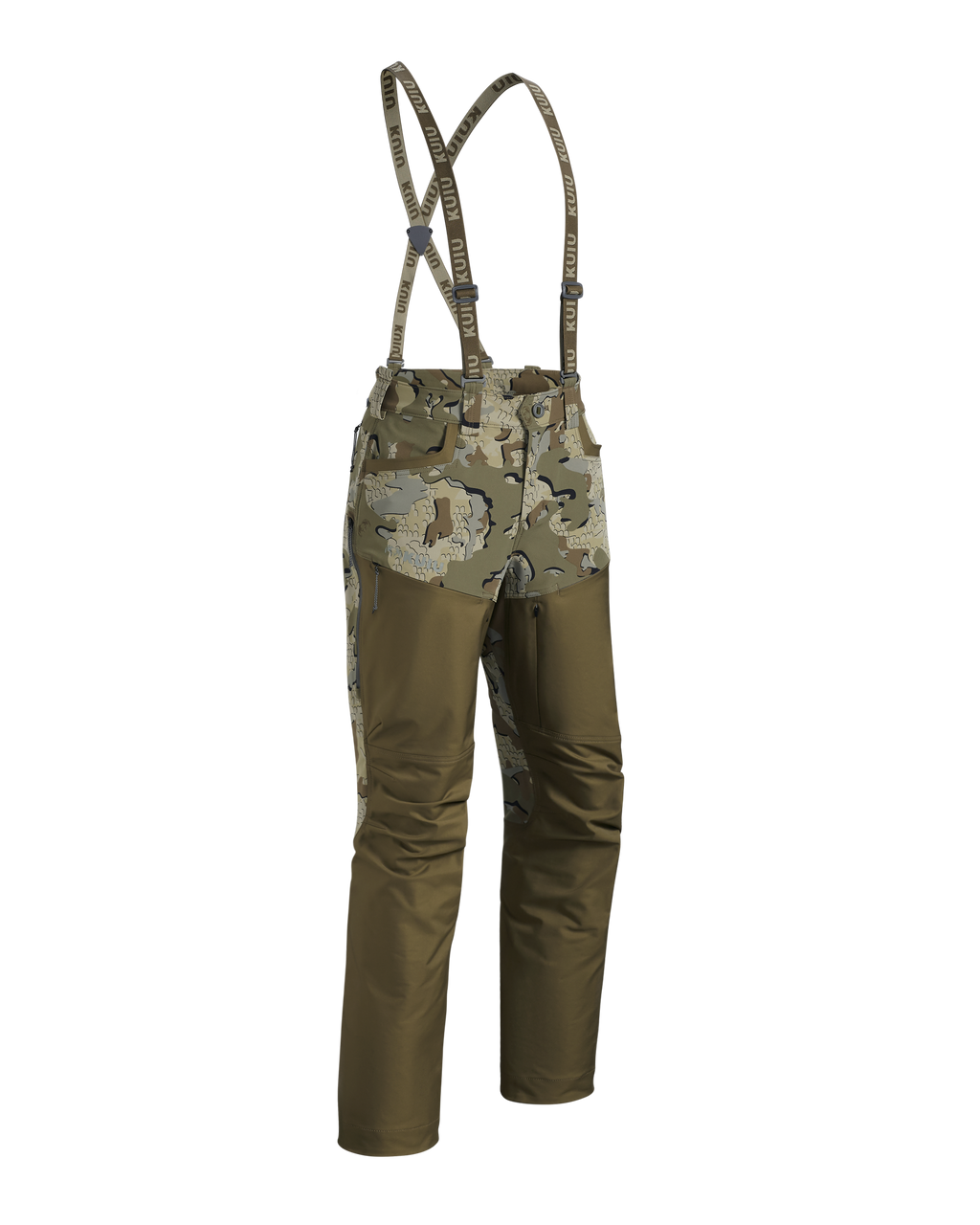 Front of Women's PRO Brush Pant in Valo Camouflage shown with suspenders in position two