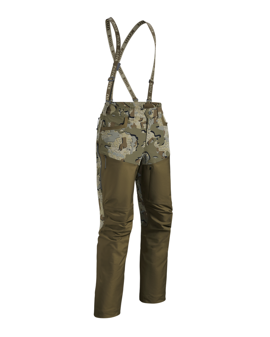 Front of Women's PRO Brush Pant in Valo Camouflage shown with suspenders in position one