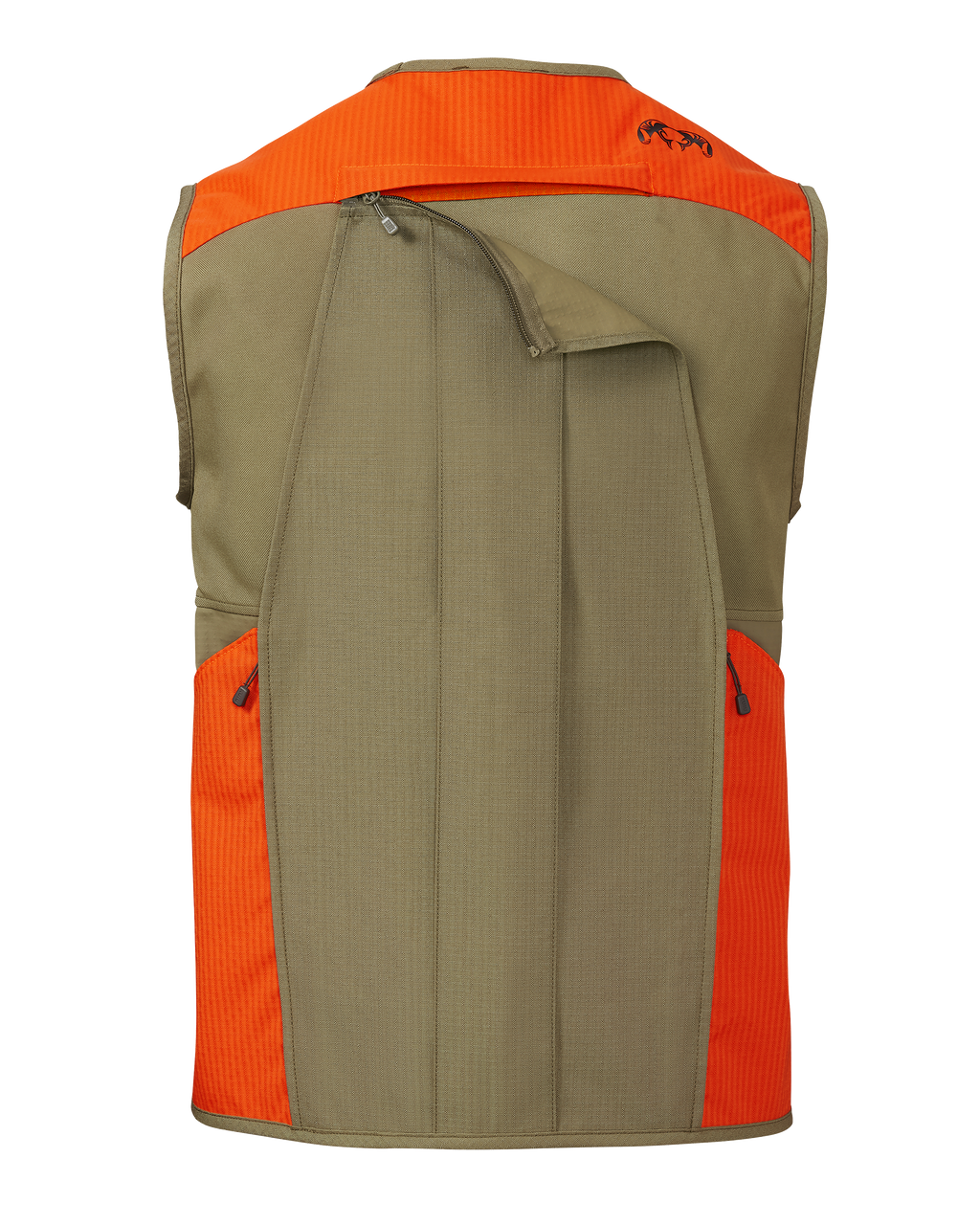 Back of Core Upland Vest in Khaki/Blaze Orange, Highlighting zipped back panel