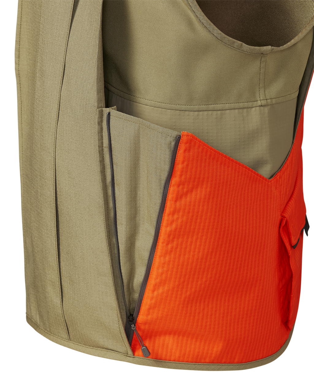 Detail side view of wrap-around bird pouch on the Core Upland Vest in Khaki/Blaze Orange