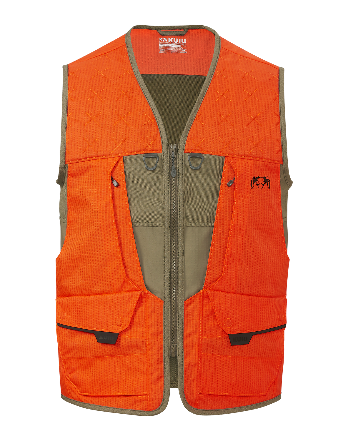 Front of Core Upland Vest in Khaki/Blaze Orange