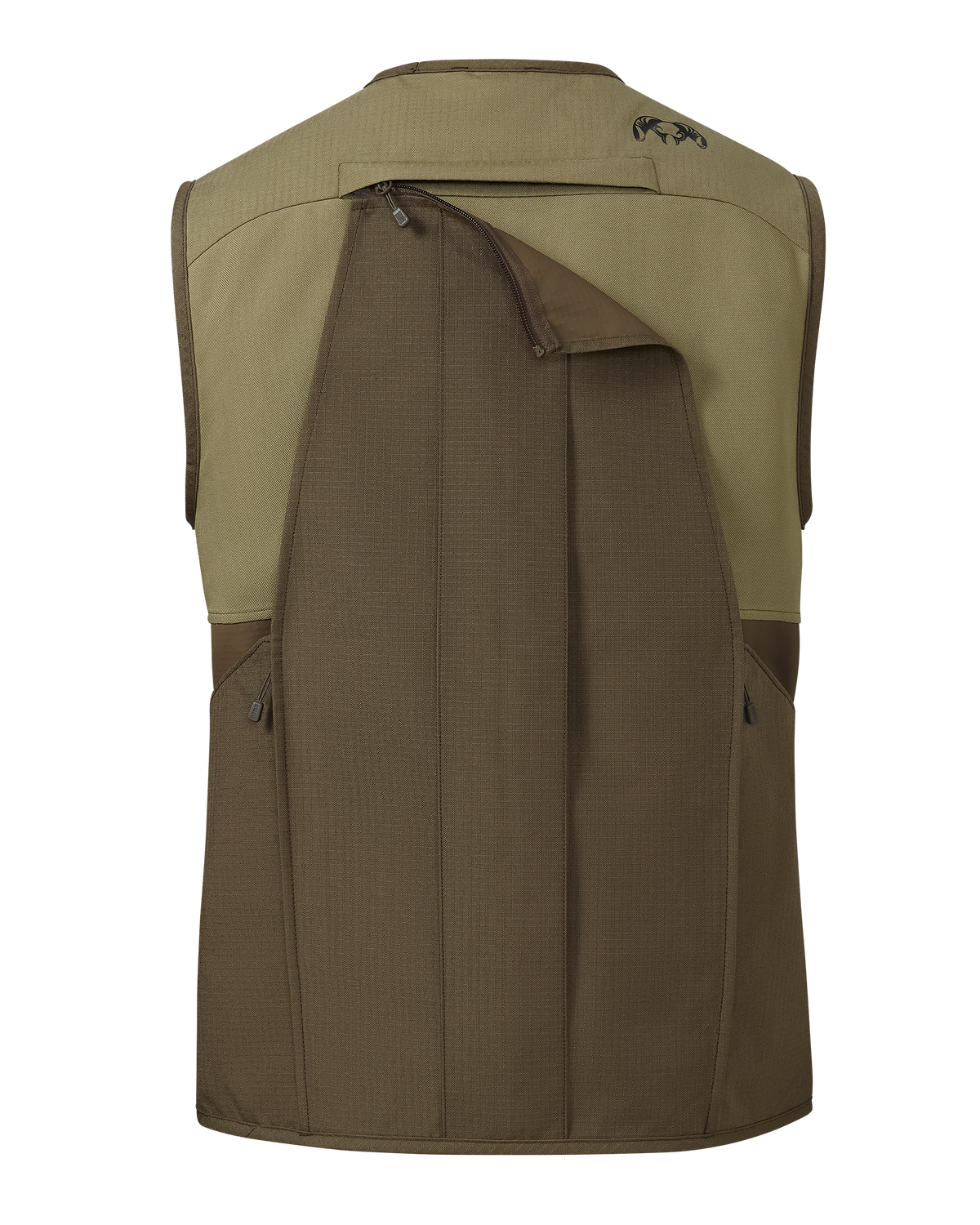 Back of Core Upland Vest in Major Brown/Khaki, Highlighting zipped back panel