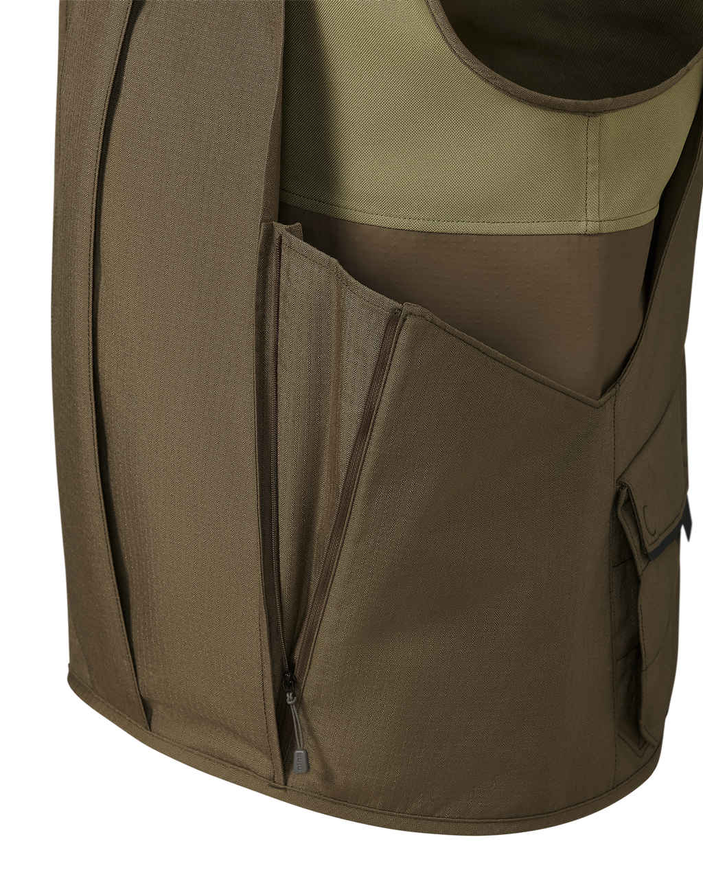 Detail side view of wrap-around bird pouch on the Core Upland Vest in Major Brown/Khaki