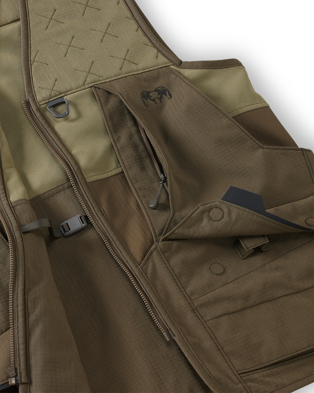 Close-up of front cargo pockets with magnetic snap-down flaps and easy-grab loops on the Core Upland Vest in Major Brown/Khaki