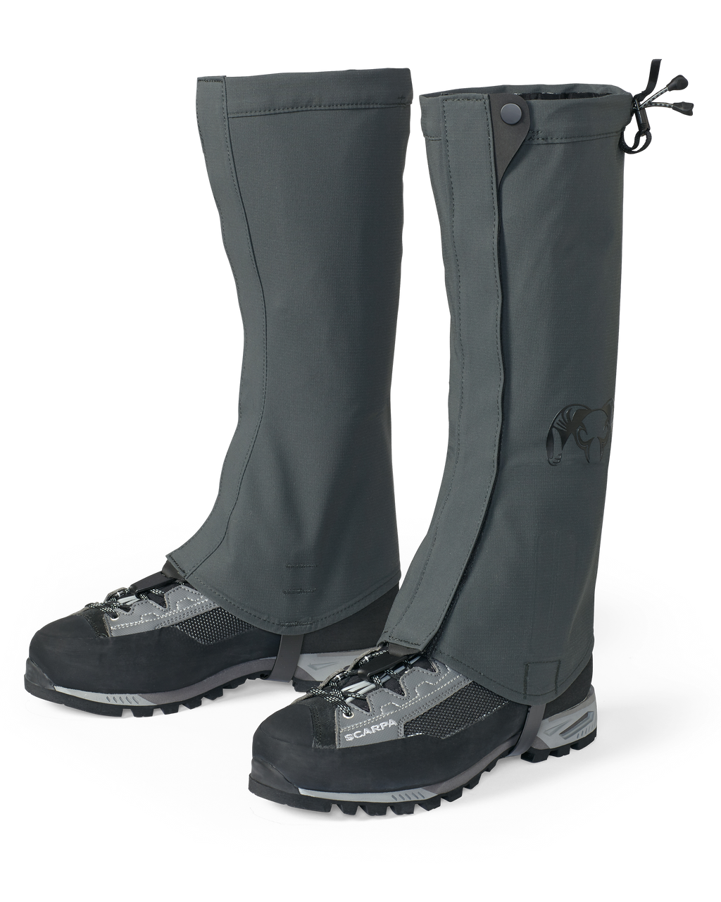 Front, Angled View of Kutana Storm Gaiters in Gunmetal Grey Color