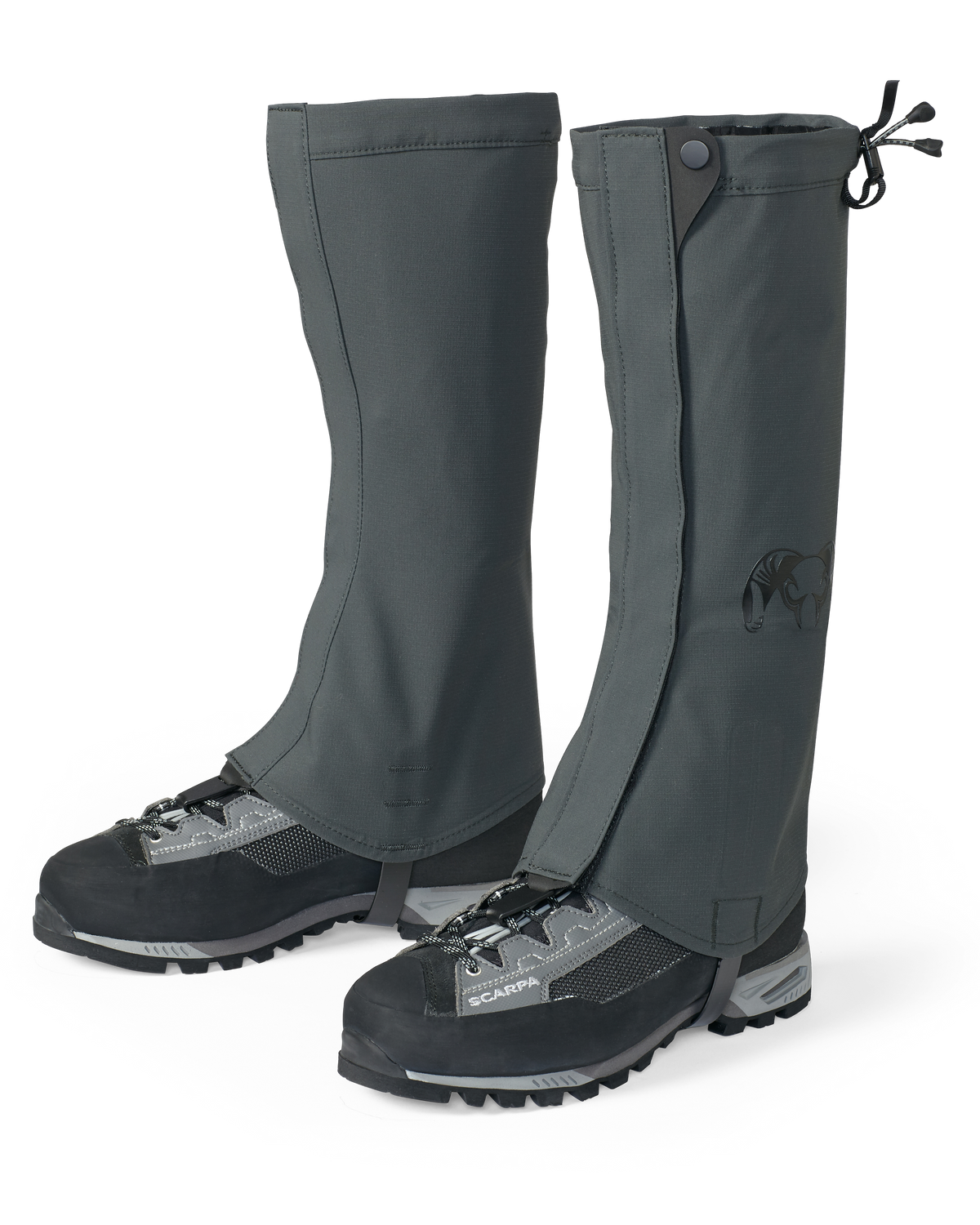 Front, Angled View of Kutana Storm Gaiters in Gunmetal Grey Color