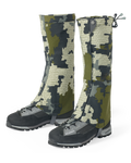 Front, Angled View of Kutana Storm Gaiters in Verde Camouflage