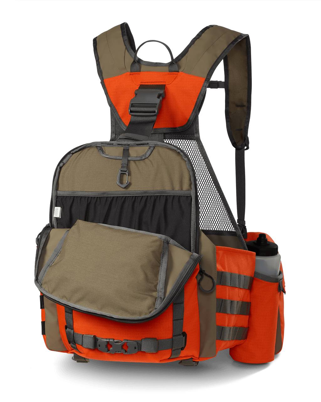 Front view of unzipped main pocket, highlighting internal storage on the Upland Field Vest in Blaze Orange