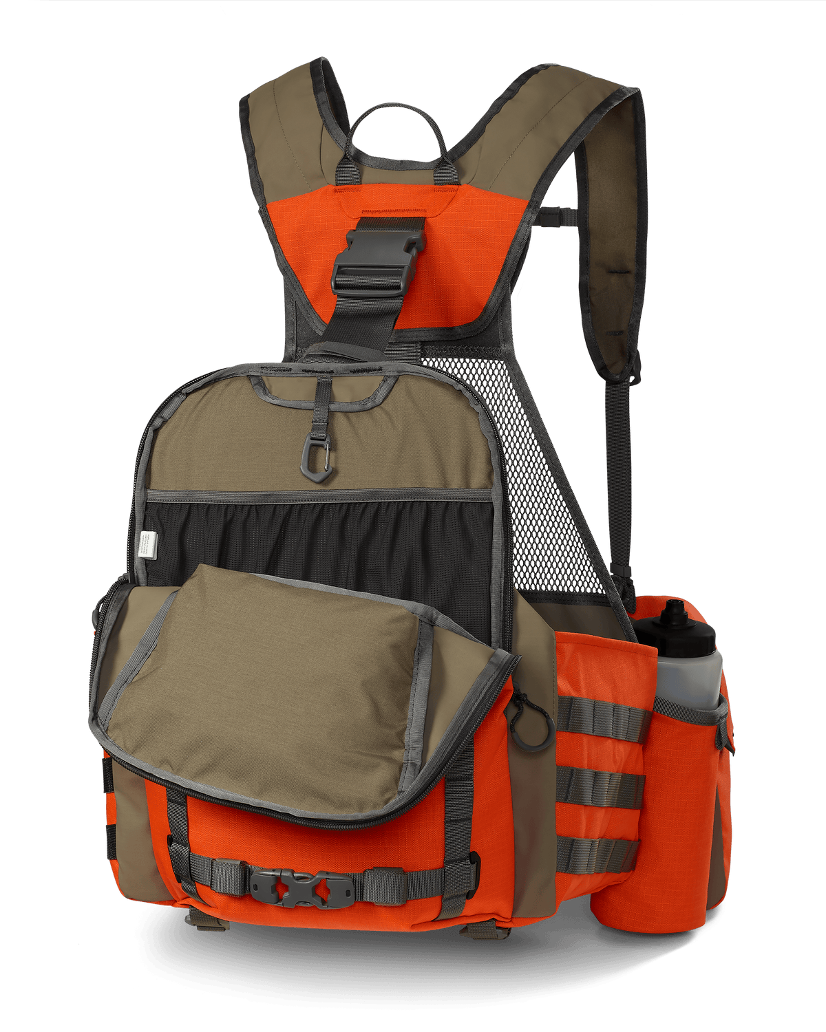 Front view of unzipped main pocket, highlighting internal storage on the Upland Field Vest in Blaze Orange