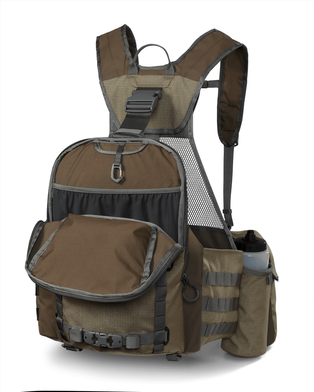 Front view of unzipped main pocket, highlighting internal storage 